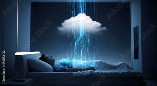 Obraz Man Sleeping Peacefully in Bed Receiving Digital Data Stream from Cloud Concept of Dream, Connection, or AI