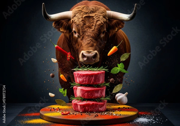 Fototapeta Ultra-realistic, hyper-detailed, cinematic food advertisement photography, shot in a dramatic, low-key style with high contrast (Chiaroscuro).