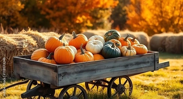 Obraz Autumn Harvest Pumpkins Abound in Rustic Farm Cart
