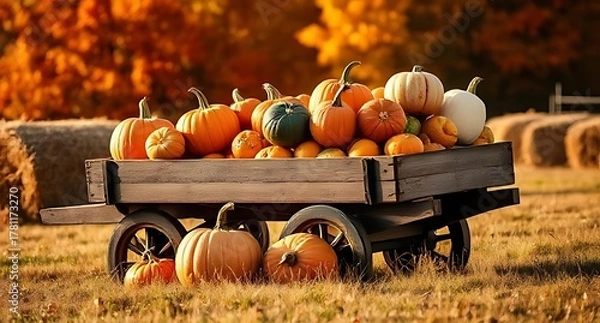 Obraz Autumn Harvest Wagon Filled With Pumpkins