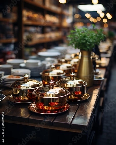 Fototapeta Golden serving dishes on a wooden table in a restaurant setting