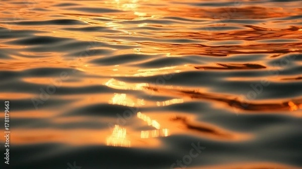 Fototapeta Golden hour water ripples shimmering with warm light at sunset, creating a tranquil abstract texture