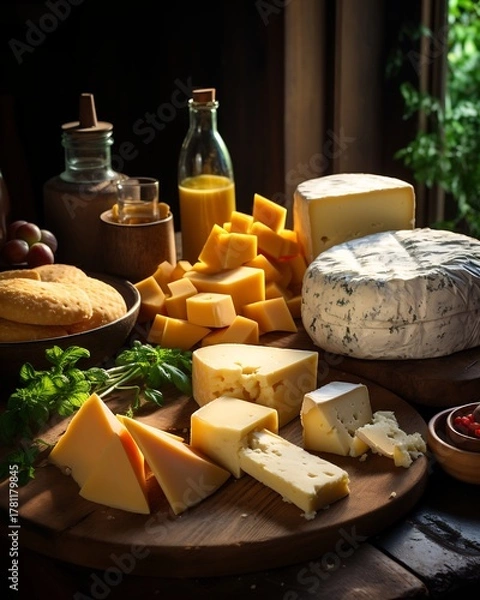 Fototapeta Delicious cheese platter with various types of cheese and accompaniments