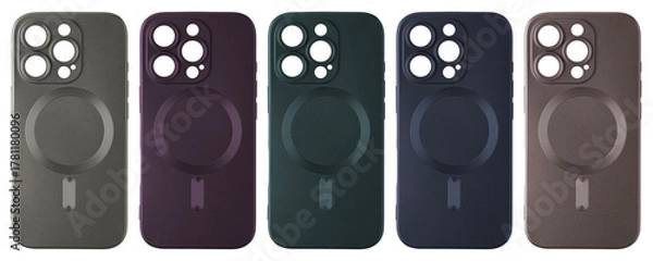 Fototapeta A charming array of colored phone cases displays various shades and styles, isolated on a transparent background for a modern and sleek look that enhances any phones aesthetic