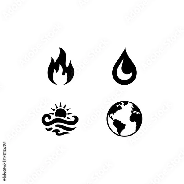 Obraz set of 4 nature elements  fire, water, air, earth symbols, solid black fill