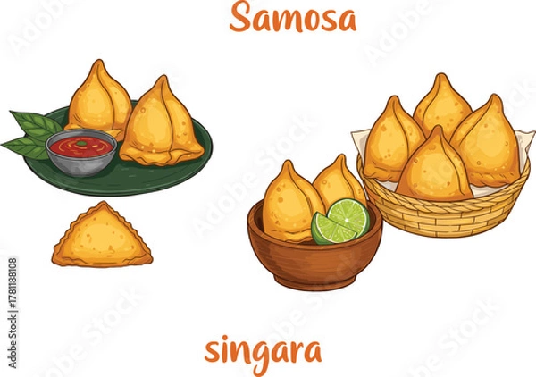 Obraz Traditional samosa and singara illustration, crispy fried snacks in bowls, lime slices, chutney sauce, basket serving, delicious Indian street food artwork