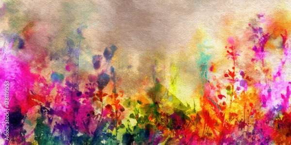 Fototapeta Vibrant Watercolor Floral Background, Colorful Abstract Flowers and Leaves, Artistic Botanical Pattern

