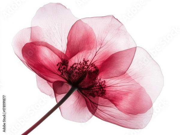Fototapeta Botanical X-ray of Blooming Red Flower, Transparent Petals, Minimal Nature Art on White Background

