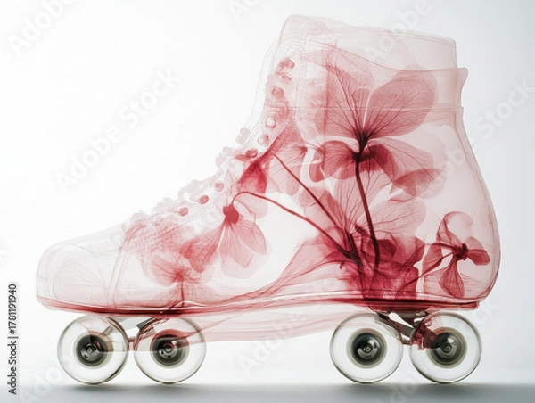 Fototapeta Botanical X-ray Roller Skate, Transparent Shoe with Red Floral Pattern, Artistic Abstract Design

