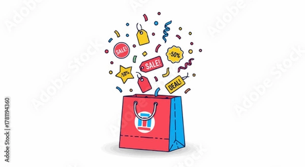 Fototapeta A shopping bag bursting with tags and confetti, conveying a sense of excitement and deals