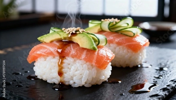Fototapeta Delicately crafted sushi featuring salmon, avocado, and cucumber, served on a black slate plate with a drizzle of sauce.