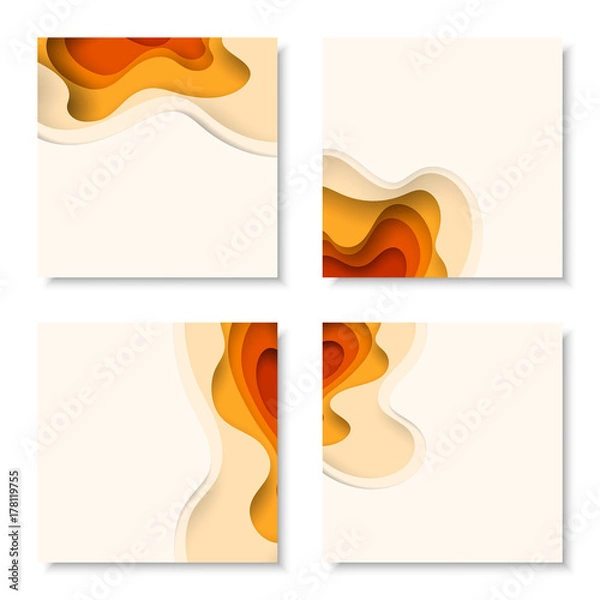 Fototapeta Square banners with 3D abstract background with paper cut shapes. Vector design layout