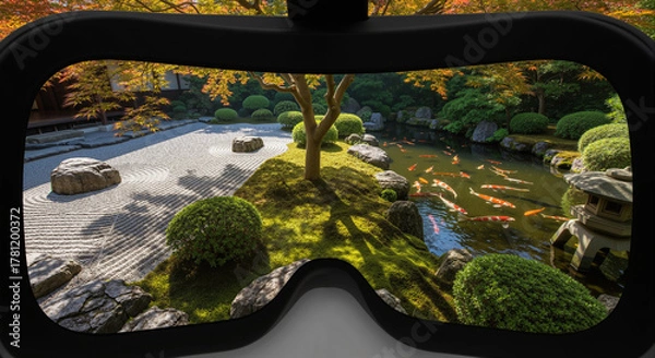 Fototapeta VR headset view of a tranquil Japanese Zen garden with koi pond.