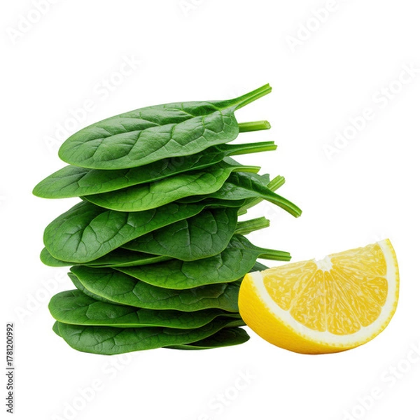 Obraz Meticulously stacked emerald green baby spinach leaves and perfectly sliced bright yellow lemon wedge on a pure transparent background, no shadows, clean studio lighting. Concept of pristine quality