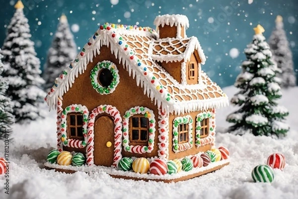 Fototapeta A festive gingerbread house decorated with colorful candy and white icing, set in a snowy landscape with frosted evergreen trees.
