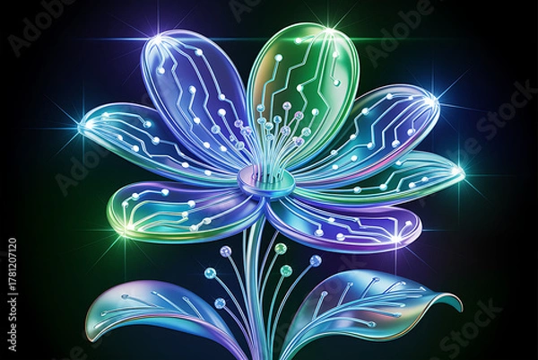 Fototapeta 3D Digital Flower Symbolizing the Fusion of Nature and Technology Innovation,eco-friendly technology,Technology organic nature design,flower symbolizing connection between AI and nature,Ai