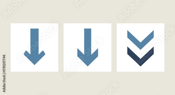 Obraz Three downward pointing arrow icons in blue tones on a beige background.