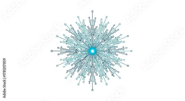 Obraz A complex, intricate light blue digital snowflake or starburst design with a glowing cyan center, radiating outwards on a white background.