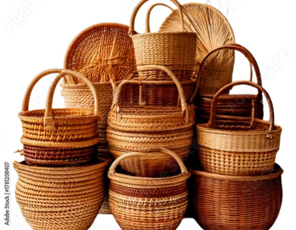 Obraz Firefly Collection of Handwoven Baskets in Natural Materials, Front View, Isolated on Transparent Ba