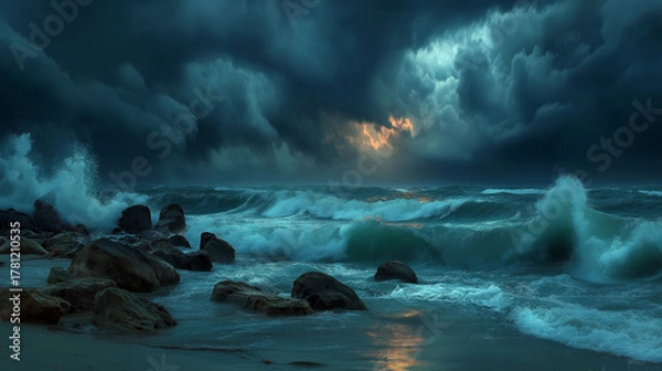 Fototapeta rough ocean wave crashing rock water shore with lightning glow light in the cloudy sky