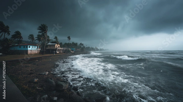 Fototapeta powerful storm strike on Philippines beach shore with small village long the shoreline 