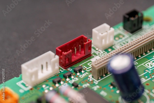 Fototapeta A close look at a computer motherboard in vibrant detail