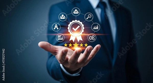 Fototapeta Man in suit holding hand with quality assurance icons above it and five stars glowing bright