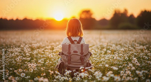 Fototapeta A child with a backpack sitting in a field of daisies at sunset looking at the horizon line trees