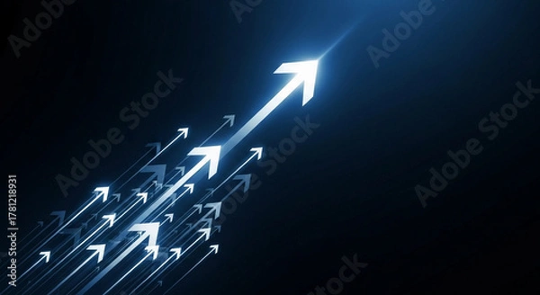 Fototapeta Arrows pointing upwards in a dark background indicating growth and forward movement concept design