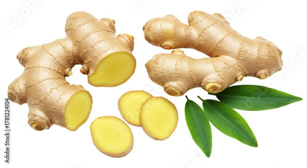 Obraz Photorealistic top-down macro shot of whole and sliced ginger root with vibrant yellow interior and fresh green leaves, on a transparent background in a studio setting. Culinary freshness concept