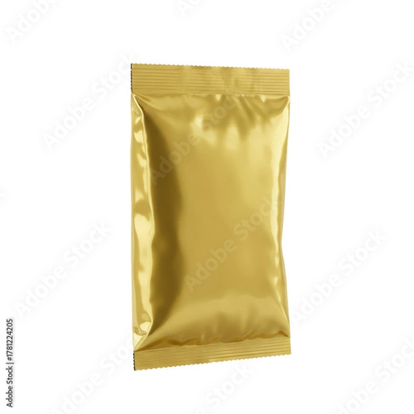 Obraz A single, blank, generic, shiny golden-yellow foil food packaging pouch with crinkled edges, sealed, isolated on a transparent background with copy space, product mockup concept.
