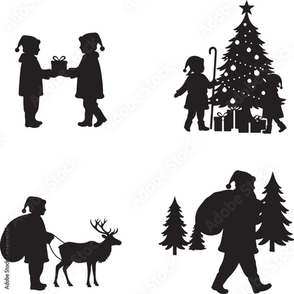 Fototapeta Christmas Silhouette Scenes Depicting Giving Gifts and Santa Claus Delivering Presents