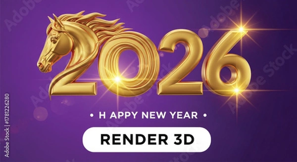 Fototapeta A stunning 3D render showcases a golden horse head seamlessly integrated into the year 2026, set against a vibrant purple backdrop, perfect for new year celebrations.