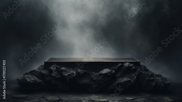 Fototapeta Black background podium stone dark rock product studio platform display luxury. Stand black background podium stage floor scene mockup elegant friday pedestal presentation cosmetic space texture empty