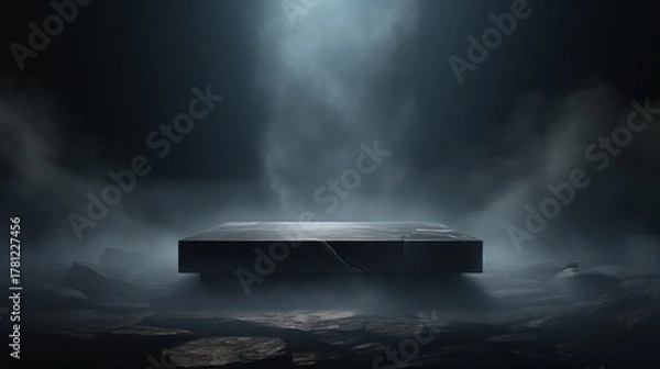 Fototapeta Black background podium stone dark rock product studio platform display luxury. Stand black background podium stage floor scene mockup elegant friday pedestal presentation cosmetic space texture empty