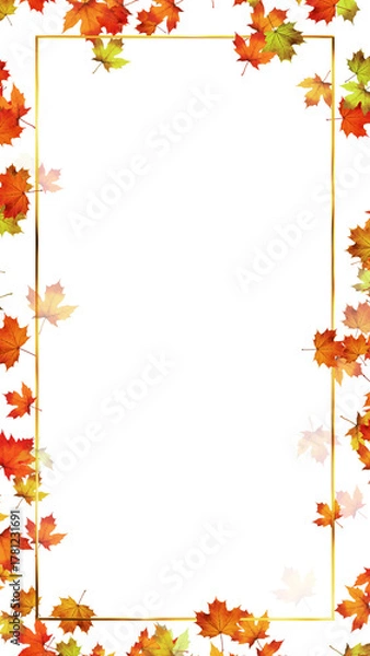 Obraz colorful autumn maple leaves and golden border frame on transparent background,png realistic leaf thanksgiving and Halloween vertical social media design element	