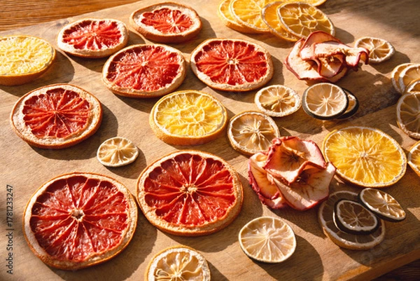 Fototapeta Various dried citrus fruits for winter and the christmas season. Sliced ​​dried fruits with apple rings on wood. Preparations for christmas celebrations.