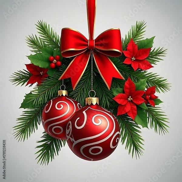 Obraz Festive christmas wreath with red baubles and bow