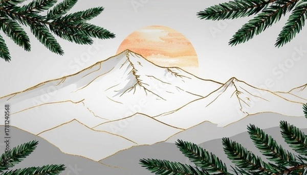 Fototapeta Golden Line Mountain Landscape with Evergreen Branches – Minimalist Nature Illustration