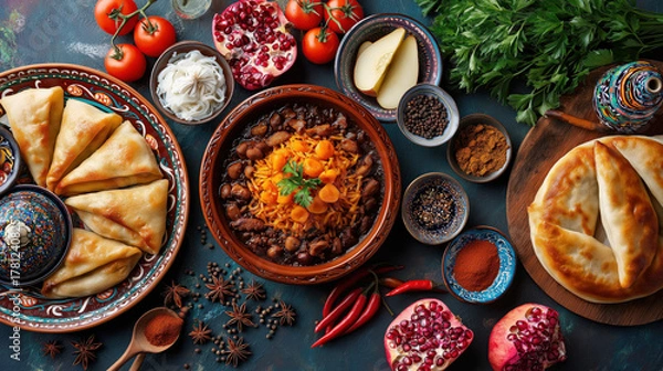 Fototapeta Top view of a traditional food assortment from Central Asian cuisine. Festive dinner with plov, samsa, fresh pomegranate, and spices on a dark table