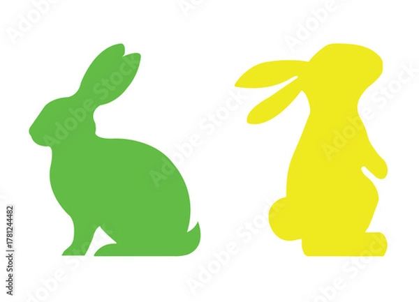 Obraz Cute spring Easter bunnies shapes colorful vector illustration. Simple icons of a rabbit hopping, sitting, jumping, rearing on hind legs. Easter bunny rabbit silhouettes. 