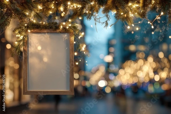 Fototapeta Christmas boutique window scene in Europe showing empty poster space framed by pine garland, fairy lights and winter snowflakes, with glowing street reflections for luxury high-resolution holiday mock