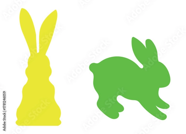 Fototapeta Cute spring Easter bunnies shapes colorful vector illustration. Simple icons of a rabbit hopping, sitting, jumping, rearing on hind legs. Easter bunny rabbit silhouettes. 