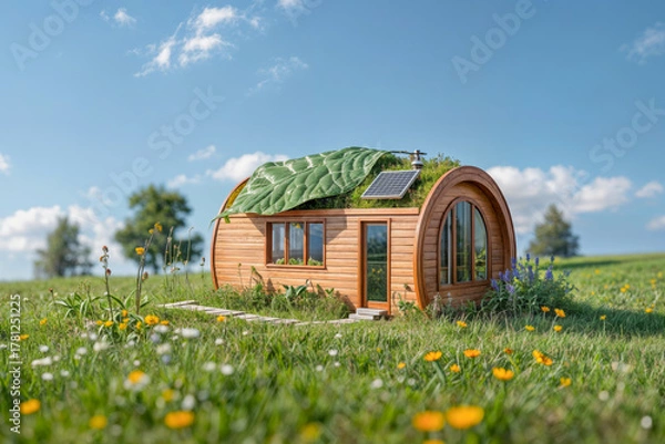 Obraz Eco-friendly tiny house with green roof and solar panels in a blooming meadow under a clear blue sky