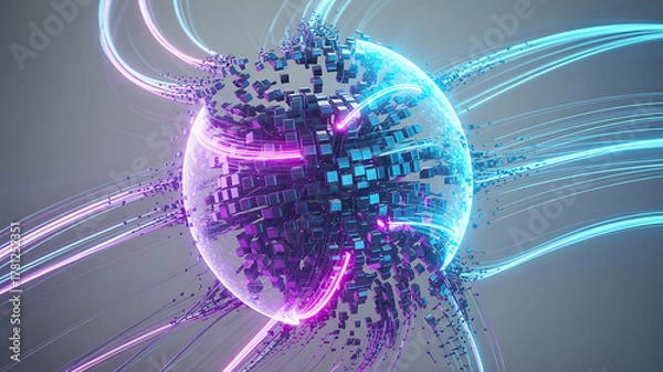 Fototapeta Futuristic 3D digital explosion of glowing circuit boards, data streams, and energy particles symbolizing artificial intelligence, innovation,high-tech evolution,power of modern digital transformation