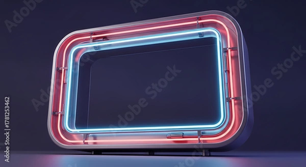 Fototapeta A vibrant neon frame with red and blue lights standing against a dark background in a studio setting ai generated