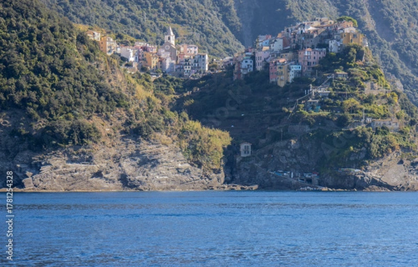 Obraz Panoramic view of the Ligurian coast and the colorful villages of Cinque Terre as seen from the sea on a cruise ship on a clear day. Cinque Terre, Liguria, Italy