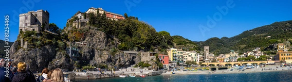 Obraz Panoramic view of the Ligurian coast and the colorful villages of Cinque Terre as seen from the sea on a cruise ship on a clear day. Cinque Terre, Liguria, Italy