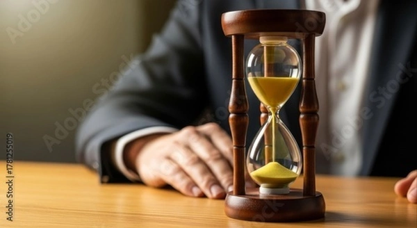 Fototapeta Businessman sitting at a wooden desk with an hourglass measuring passing time.
