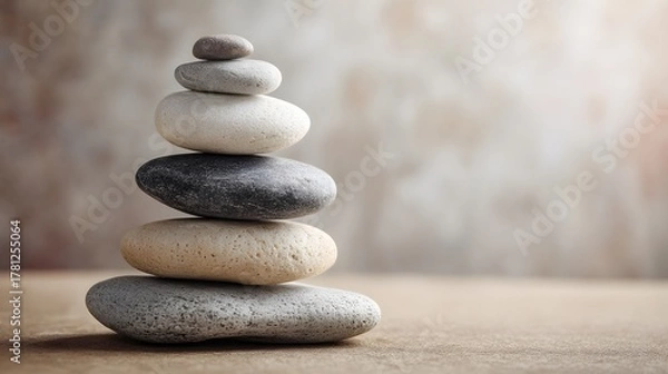 Fototapeta Stack of smooth, naturally shaped stones delicately balanced upon a surface with a softly lit background